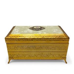 VTG Gilt Metal Guilloche Enamel Rose Floral Ornate Footed Trinket Jewelry Box